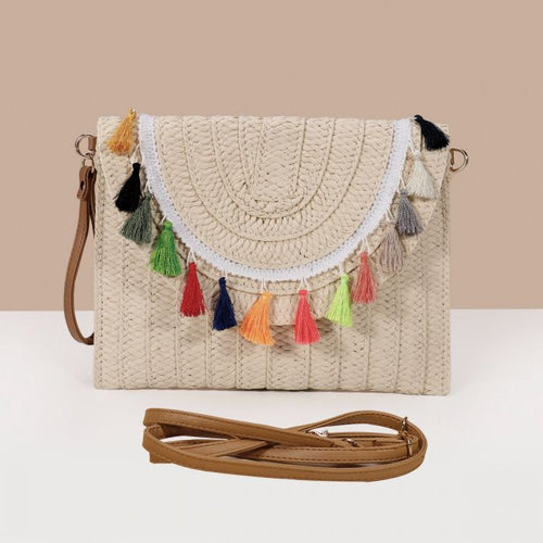 Multi Coloured Tassel Straw Bag in Cream