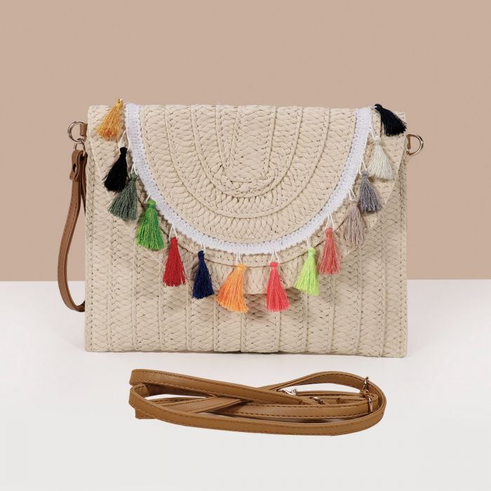 Multi Coloured Tassel Straw Bag in Cream