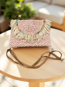 Pink / Cream Tassel Straw Bag