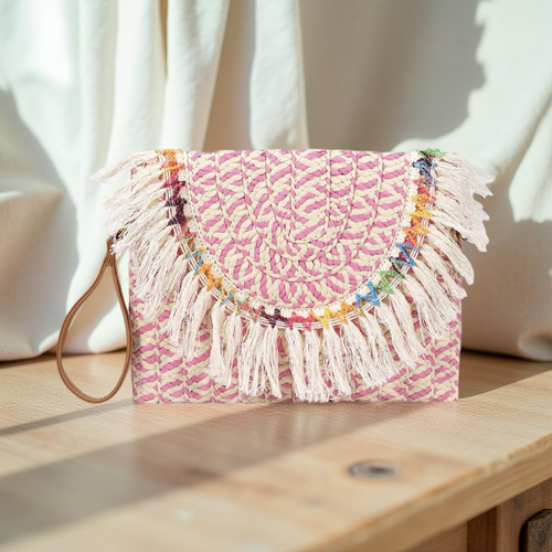 Pink / Cream Tassel Straw Bag